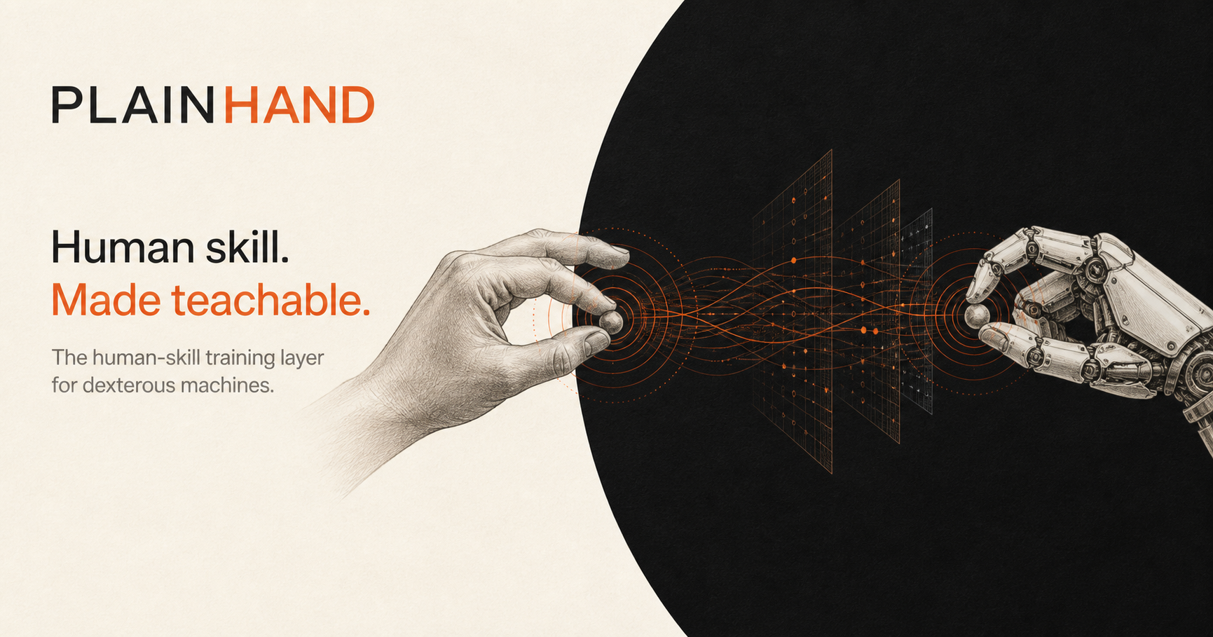 PlainHand. Human skill made teachable. A human hand and robotic hand meet through a field of structured physical-interaction data.